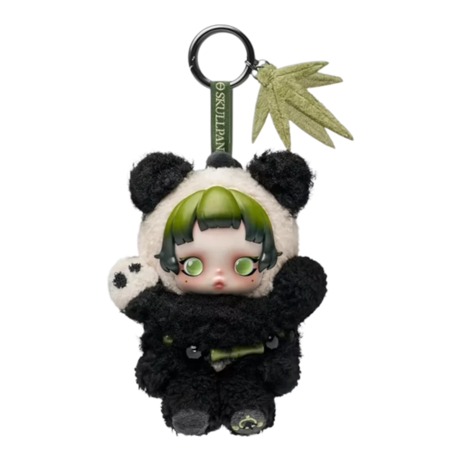 Squish Planet Skullpanda Lazy Panda plush doll pendant with green hair and big eyes, wearing a panda costume.